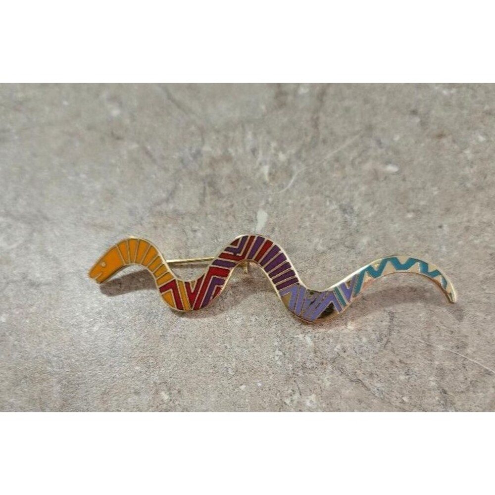 Vintage Laurel Burch Snake Brooch Pin Cloisonné Enamel Rainbow Multi-color